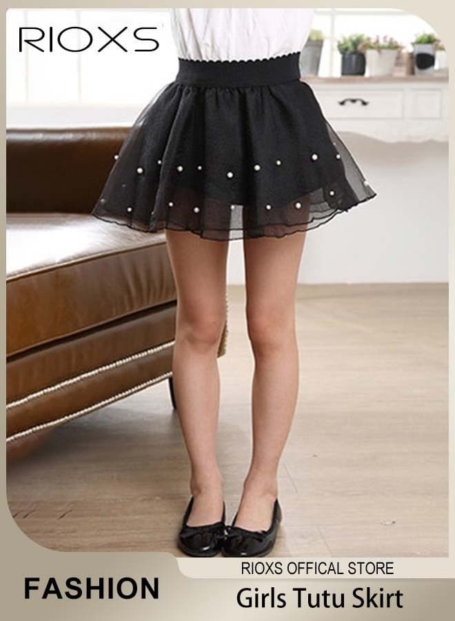 Little Girls Tutu Skirt A-Line Layered Tulle Princess Dresses Dance Wear Clothes For Girls, Black Tulle Tutu Skirt with Pearl Accents, Flared Tutu Skirt for Little Girls, Perfect for School, Parties or Weekend Adventures
