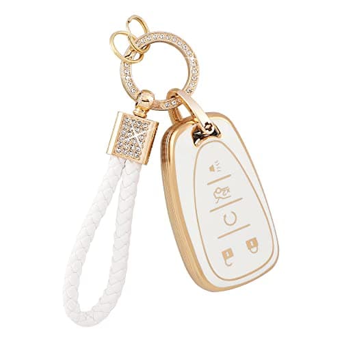 PIFOOG Key Fob Case for Chevy TPU 5 Button Keys Cover Shell Glittering Car Keychain for Malibu Equinox Trax Camaro Blazer Traverse Trailblazer Spark Girly Cute White Gold