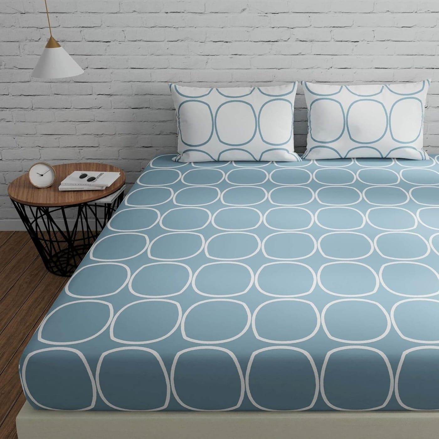 Huesland by Ahmedabad Cotton 144 Tc Cotton Elastic Fitted Bedsheets King Size with 2 Pillow Covers 72X78 Inches Blue White