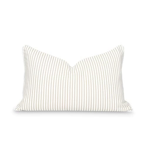 Hofdeco Premium Fall Coastal Patio Indoor Outdoor Lumbar Pillow Cover Only 12x20 Water Repellent for Backyard Couch Neutral Tan Stripe