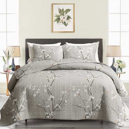 3 Pieces Quilt Set Queen Full Size 88x88 Gray Branch with White Orange Floral Style Soft Microfiber Lightweight Coverlet Bedspread Summer Bedding Set Bed Cover for All Season (1 Quilt+ 2 Shams)