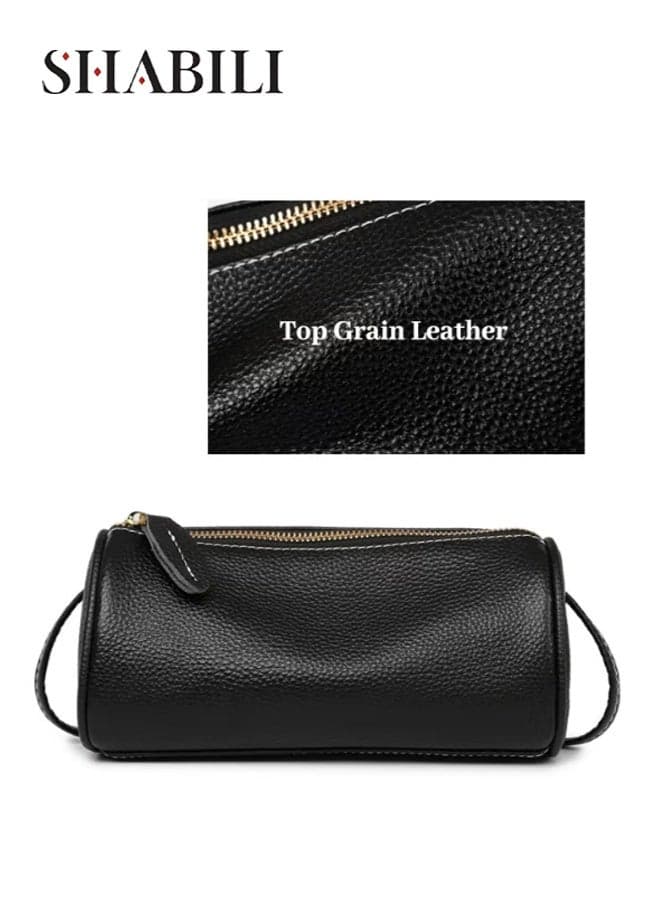 Women Genuine Leather Shoulder Bag Crossbody Sling Satchel Clutch, Compact Cylinder Design With Fine Stitching And Lined Interior, Ideal For Teenager Youth Ladies Daily Casual Party Travel (Black)