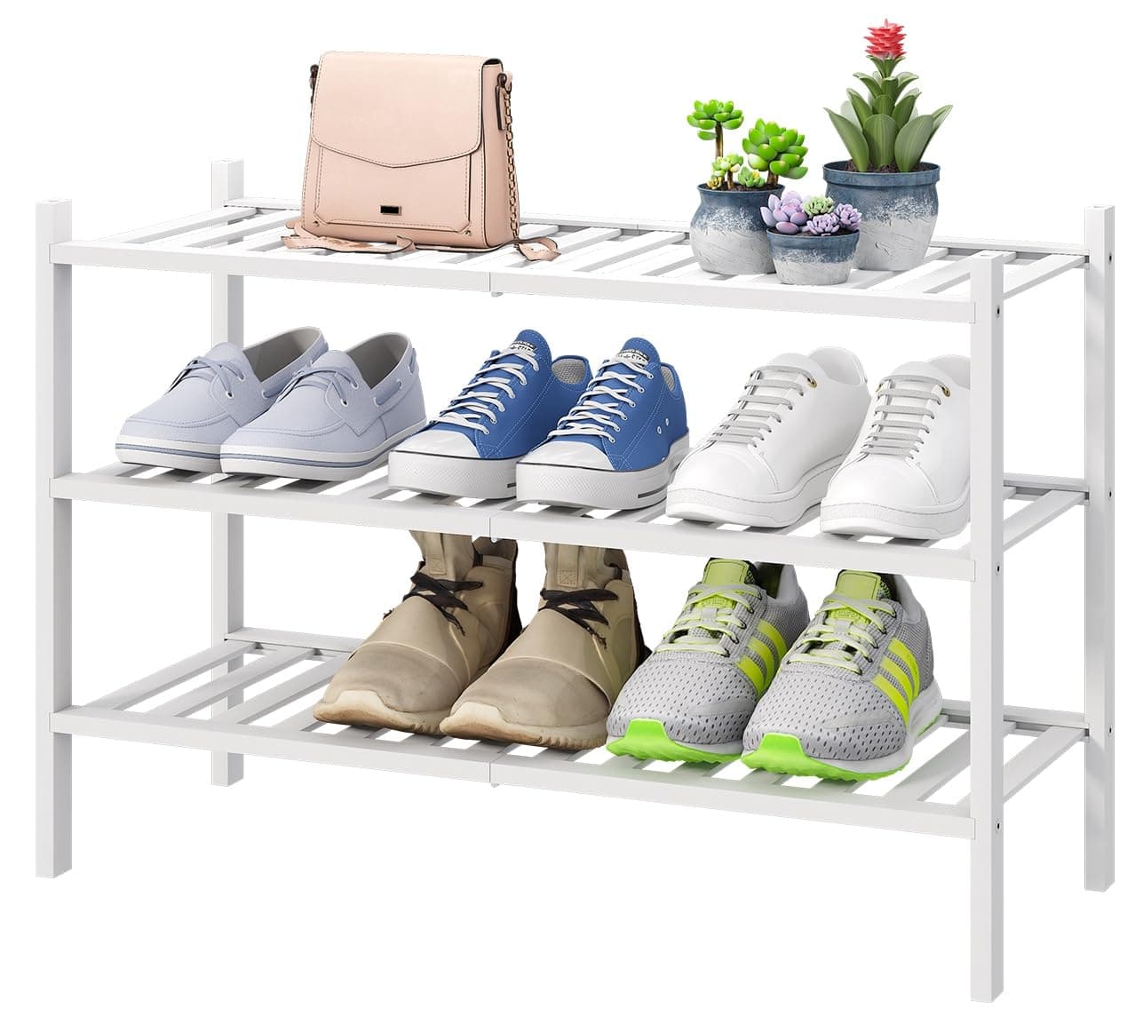 viewcare White Shoe Rack 3Tier Bamboo Wood Shoe Rack for Closet Entryway Hallway and Stackable Shoe Shelf Storage Organizer for Indoor and Outdoor