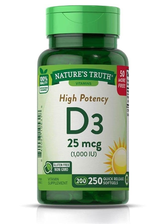 D3 1000 IU | 250 Softgels | Essential Vitamin D | Non-GMO & Gluten Free High Potency Supplement | by Nature's Truth