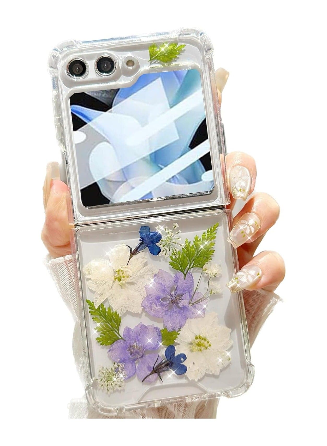 For Samsung Galaxy Z Flip 6 5G Clear Glitter Floral Case, Cute Pressed Dried Real Flower Design Glitter White Flower Soft TPU Women's Girls Case