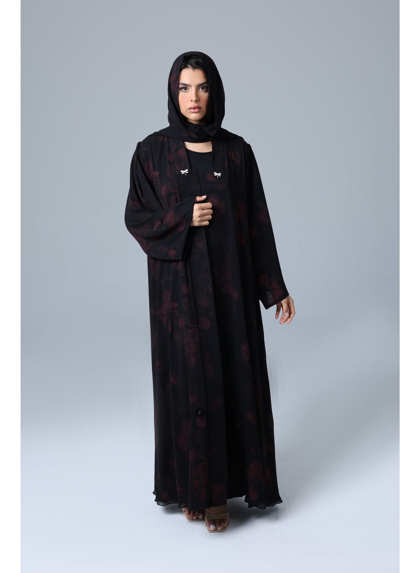 Open Front Red Flowers Prints Abaya