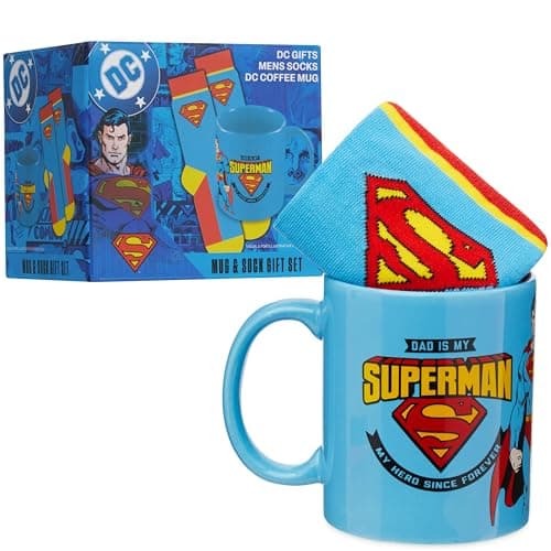 Get Trend DC Comics Superman 11oz Mug and Socks Set, Crew Socks with Ceramic Coffee Mug Microwave Safe, Novelty Gifts for Men, Husband, Boyfriend (Blue/Red Superman)