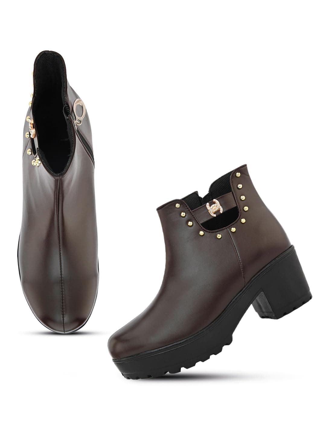 XE Looks 100% Vegan Leather Women's Brown Chic Faux Leather Boots for Women | Zipper Detailing & Stud Accents | Stylish Chunky Heel Boots For Girls & Women