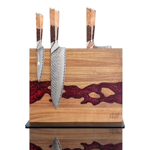 FINDKING Magnetic Knife Block, Double Sided Holder, Powerful Magnet Kitchen Storage, Acacia Wood and Red Resin (12 x 10 Inches, Without Knives)