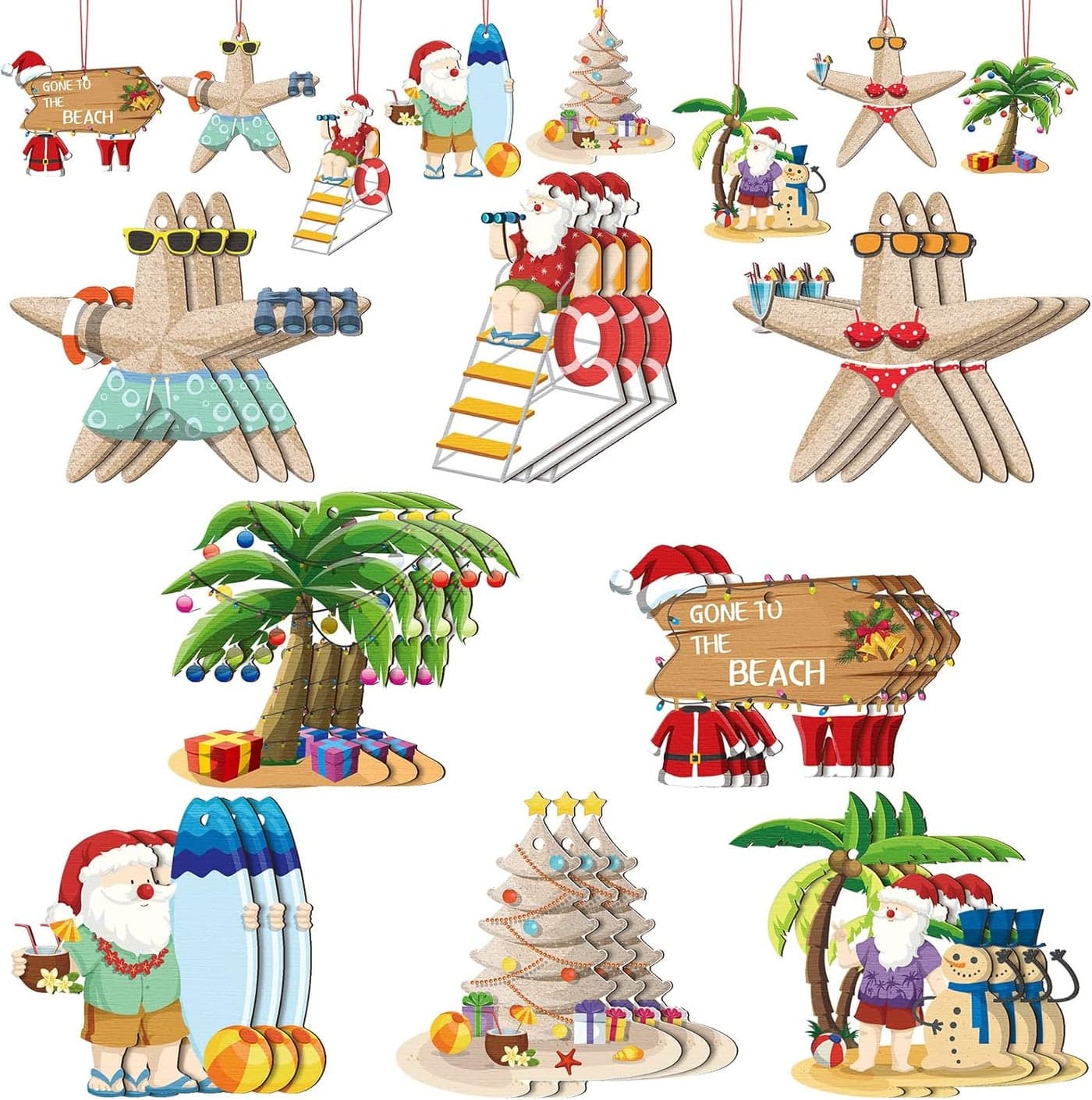 Qunclay 24 Pcs Santa Beach Christmas Ornaments Starfish Tree Decorations Wooden Hanging Holiday Decor for Xmas Party Wall Home 8 Styles