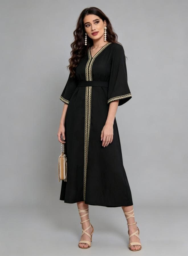 Black Belted A-Line Jalabiya with Gold Trim