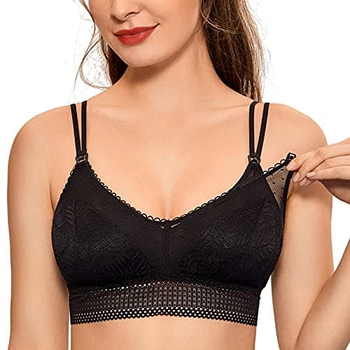 MOMANDA Women's Lace Nursing Bra Cute Bralette Breastfeeding Maternity Bras Padded Wireless Black Large