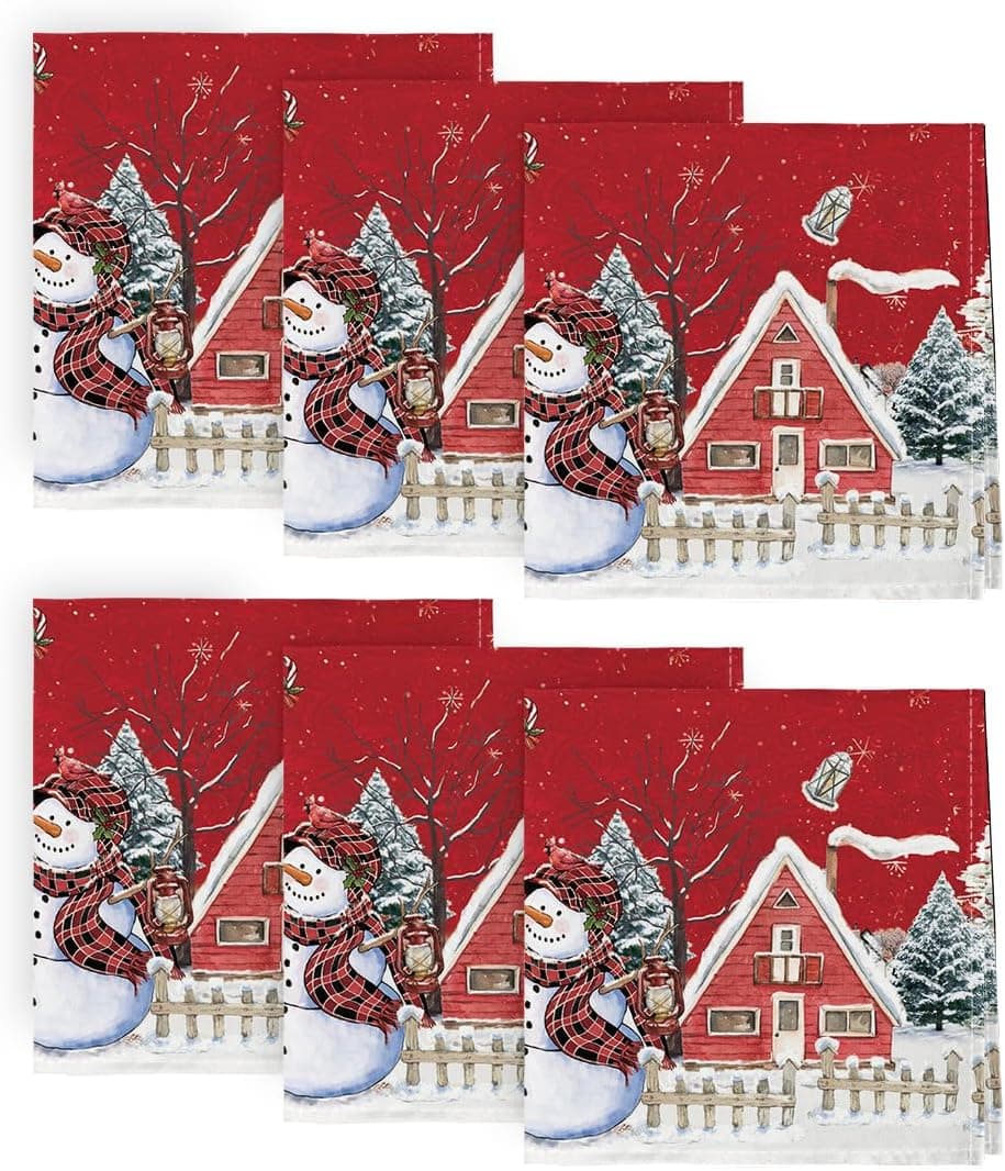 Horaldaily Christmas Cloth Napkins 18 x 18 Inch Winter Snowman House Christmas Trees Red Party Dinner Decoration Washable Napkins Set of 6