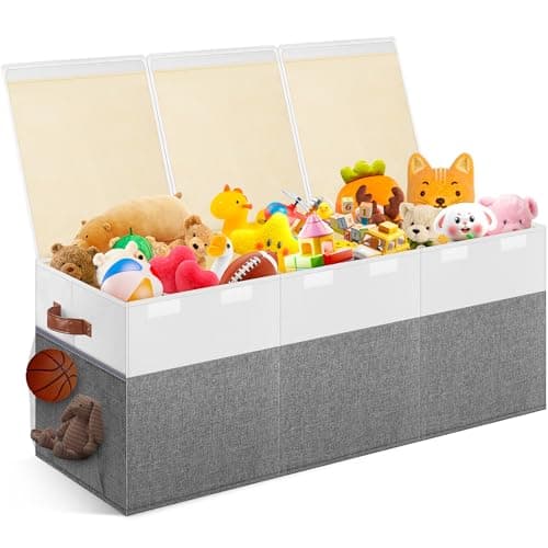 Extra Large Toy Storage Box with Lid Collapsible Sturdy Toys Chest Storage Organizer Bin Basket with Divider for Kids Boys Girls Closet Playroom Bedroom Nursery 40X14X16 Gray White