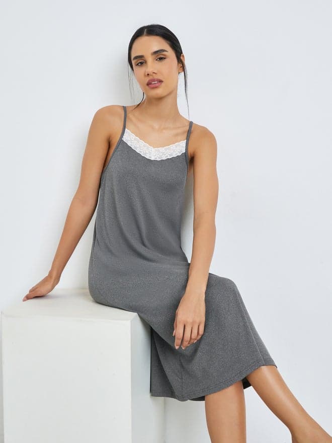 Styli Grey Contrast Lace Melange Slip Dress