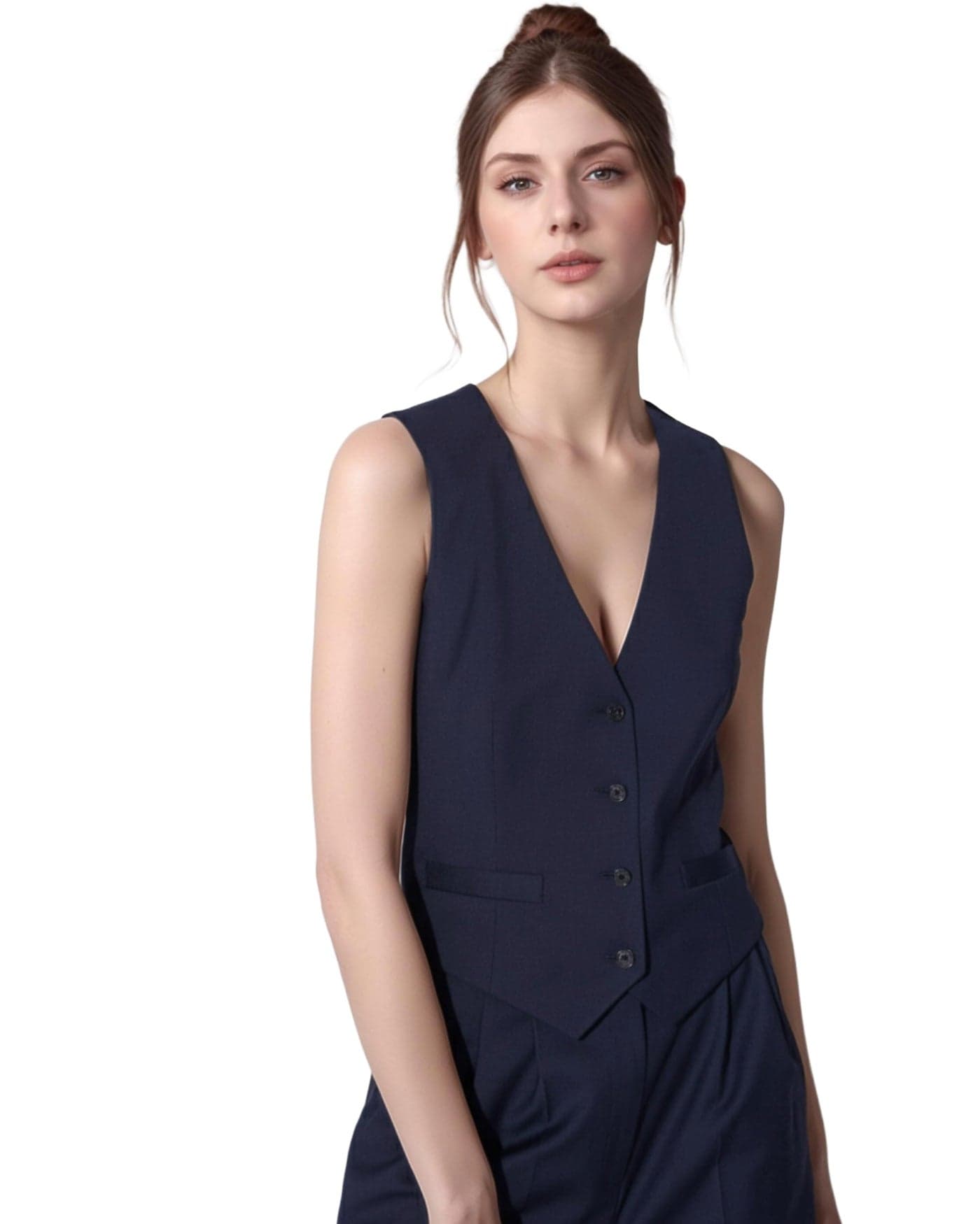 V Neck Waistcoat for Women | Sleeveless Formal Jacket Top | Office Wear Regular Fit Blazer Vest. Color Blue Size S