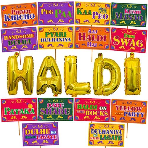 Party Propz Haldi Ceremony Decoration Set - 15Pcs Props, Foil Balloons for Mehndi and Wedding - Marriage Decor Items