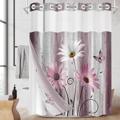 Nesphy No Hook Flower Daisy Shower Curtain with Snap in Fabric Liner Set, Pink Rustic Farmhouse Double Layers Waterproof Fabric with See Through Top Window Open Grommet Bath Curtain 71x74 Inch