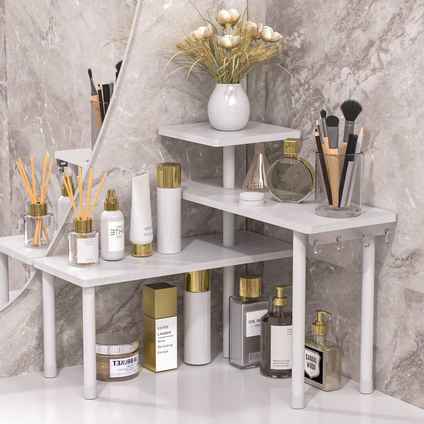 JayRex Bathroom Organizer Countertop Corner Shelf 3 Tier Moveable Organizer for Make Up Dresser Table Desktop White