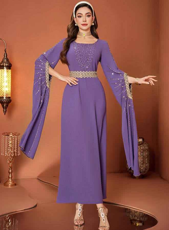 Women Purple Rhinestone Embellished Slit Sleeve Jalabiya