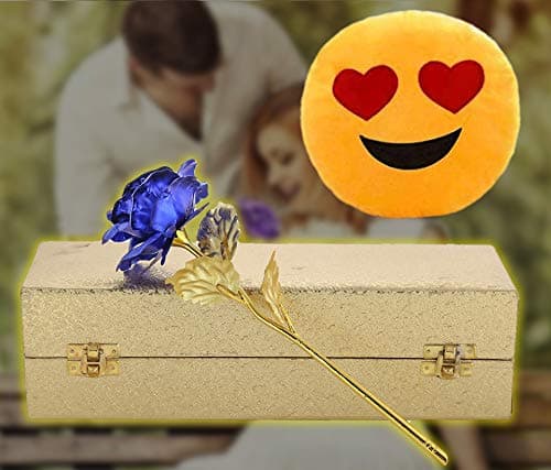 INTERNATIONAL GIFT® Blue Rose Flower 25 cm with Luxury Golden Gift Box Packing with Emoji Heart Smiley Pillow/Cushions