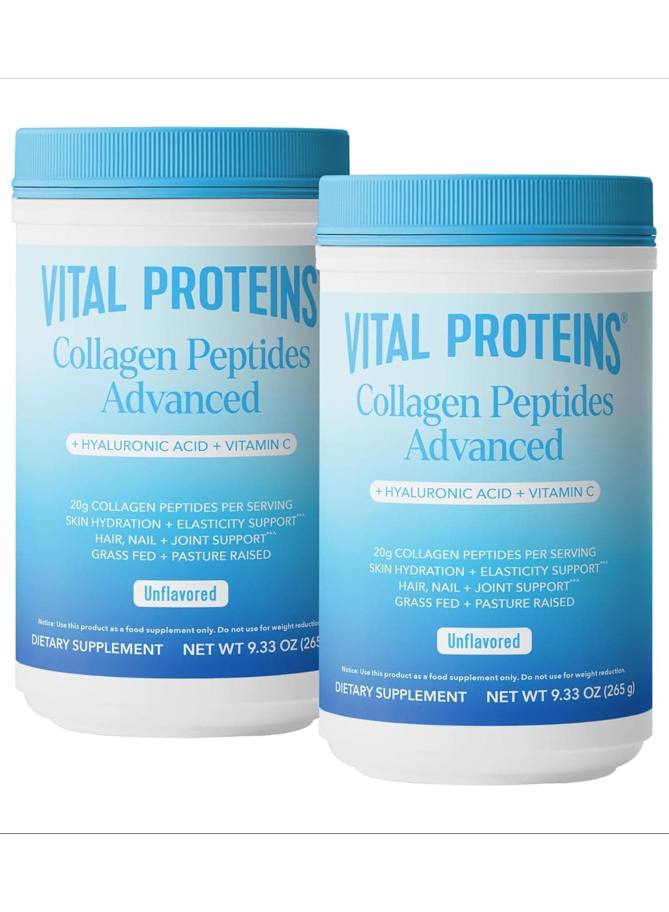 (Pack of 2) Collagen Peptides with Hyaluronic Acid + Vitamin C, Unflavored, 2x9.33 oz Packaging May Vary