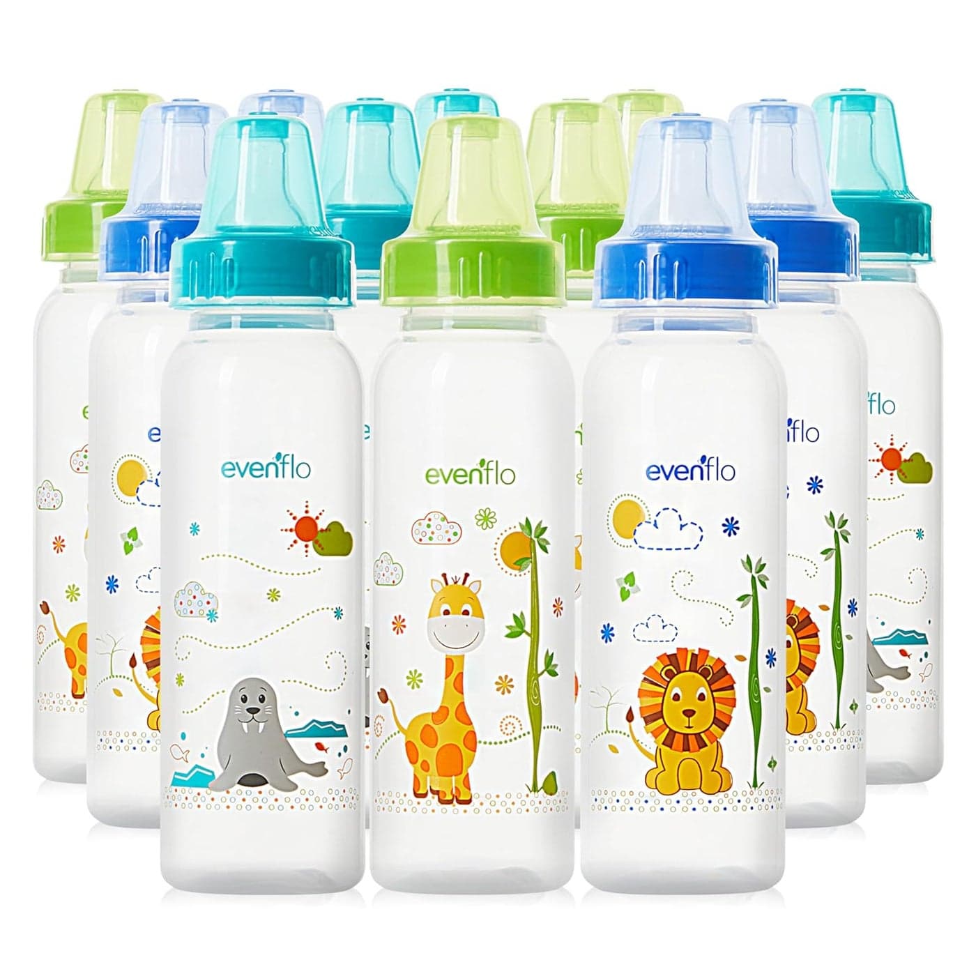 Evenflo Feeding Classic Prints Polypropylene Bottles for Baby Infant and Newborn BlueGreenTeal 8 Ounce Pack of 12