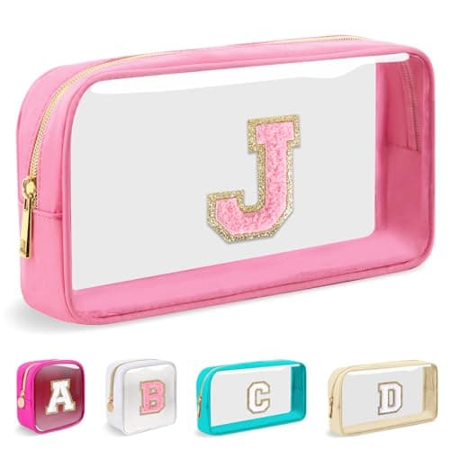 Small Clear Personalized Initial Makeup Bag,Nylon Preppy A-Z Chenille Letter Patch Cosmetic Pouch Beach Toiletry Bag,Waterproof Zipper Travel Purse Storage Bag Organizer for Women Girls(Pink-Pink J)