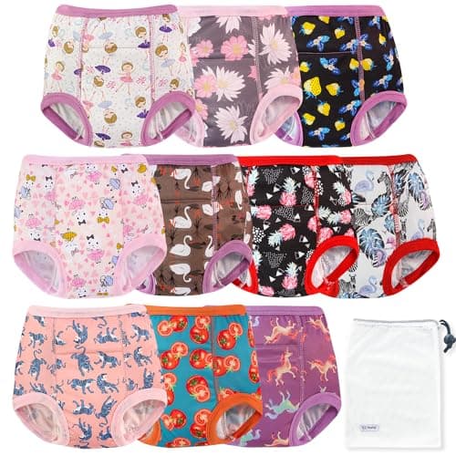 EZ Moms 10 Packs Reusable Potty Training Underwear for Girls Double Absorption Training Panties for Toddler Girls 2T3T High Waist Toddler Girl Underwear 2T Kid Confident Pee Pants with a Laundry Bag