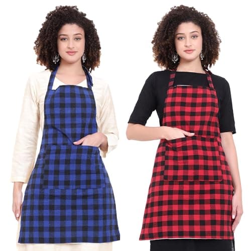GLUN® Combo Blue Check & Red Check Apron, Pack of 2 Checkered Design Unisex Kitchen Aprons, Waterproof Back with 2 Centre Pocket & Adjustable Neck Strap