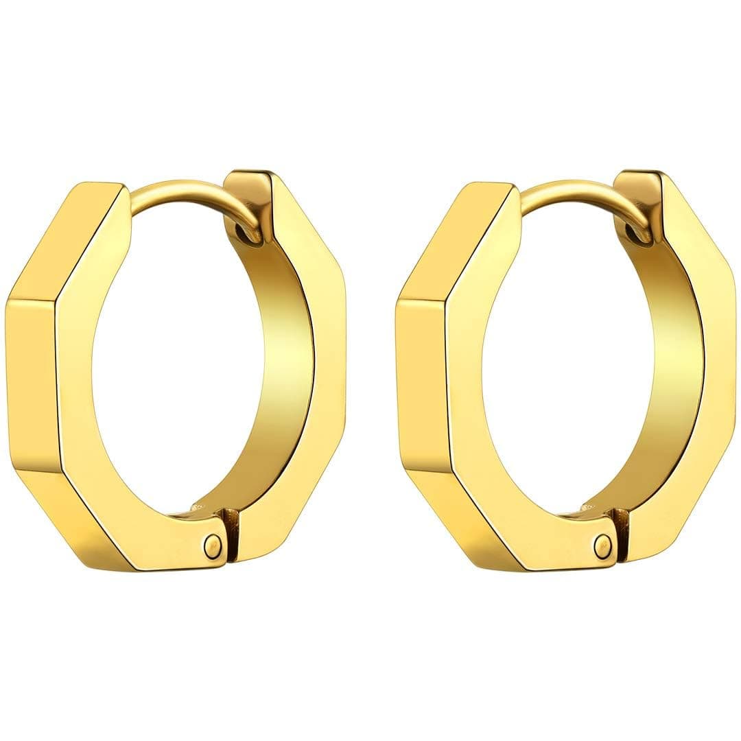 18K Gold Beads Hoop Earrings for Men Women Jewelry Gift Geometric Octagon Huggy Hoop Earrings