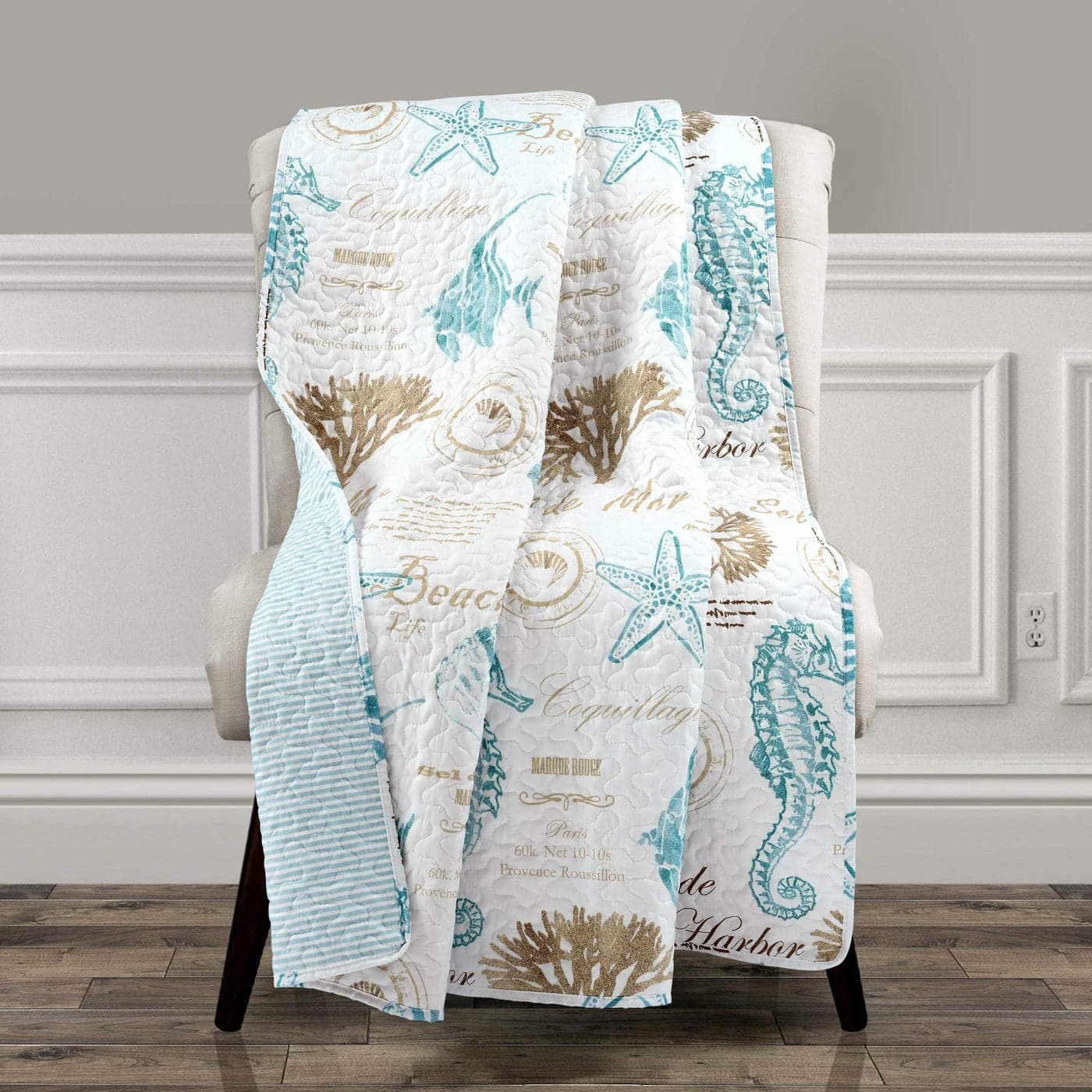 Lush Decor Harbor Life Throw Blanket 50 W x 60 L Blue Taupe Quilted Stripe Nautical Blanket Beachy Coastal Throw Blanket Seahorse Blanket For Bed Couch Or Chair Beach Coastal Decor