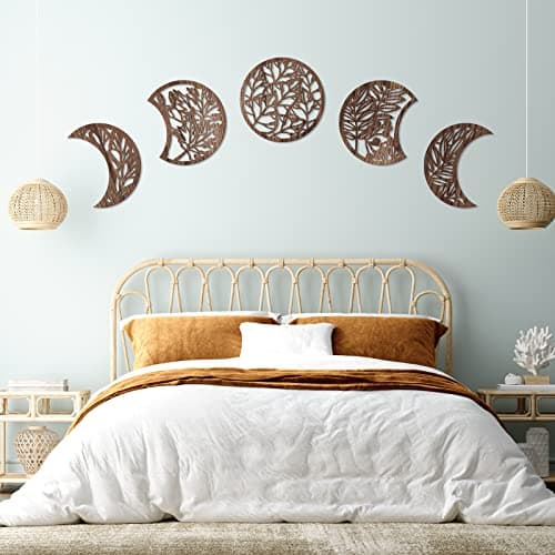 Jetec 5 Pcs Moon Phase Wall Art Decor Wall Pediments Hanging Wooden Moon Phase Spiritual Bedroom Nordic Boho Lunar Aesthetic Art for Living Room Dorm Apartment Bar Ornament(Brown,10.6 Inch)