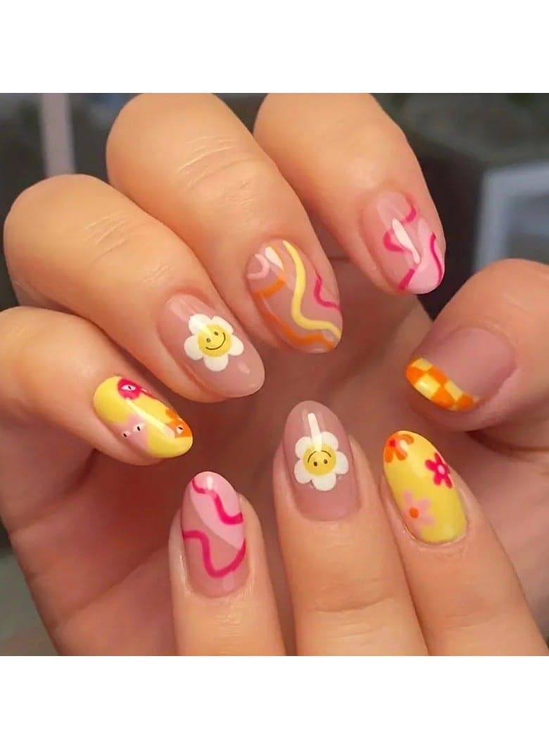 Y2k, Sunflower Press On Nails, Colorful Ripple Short Nails, Women's Fake Nails