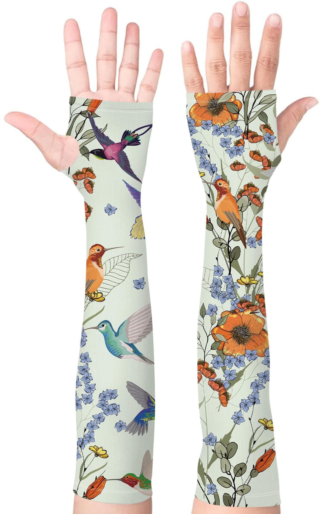 Bebila Gardening Sleeves for Women Farm UV Sun Protection Anti-Scratch Cooling Sleeves with Thumb Hole Arms Cover Outdoors (Light Green Bird)