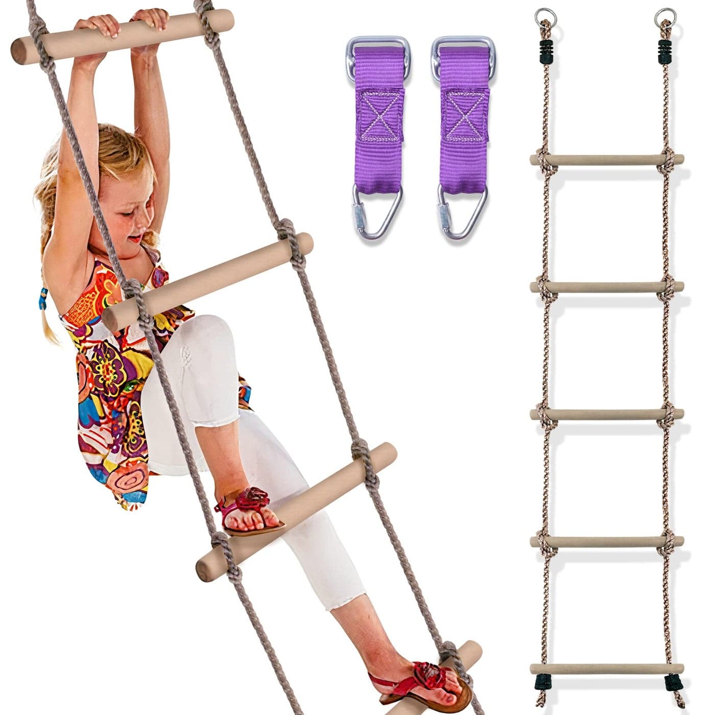 Wooden Rope Ladder for Kids - Playset Ladder for Ninja Warrior Obstacle Course Accessories | Rope Ladder for Treehouse Swing Set Bunk Bed | Playground Ninja Obstacles Swing Hanging Ladder