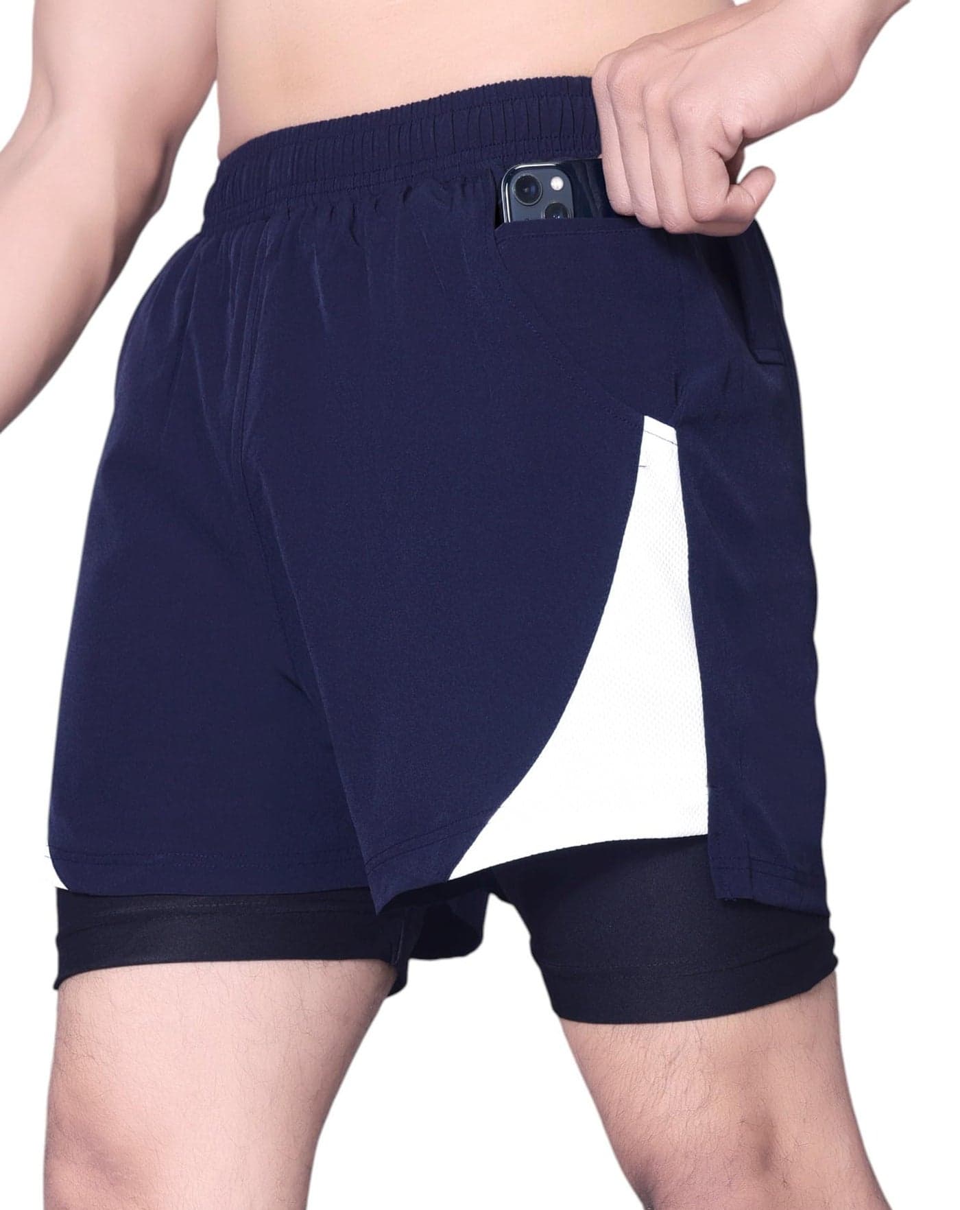 RynoGear Men's 2 in 1 Quick Dry Shorts with Liner and Towel Loop Gym & Running Shorts for Men with Inner Phone Pocket Navy Blue