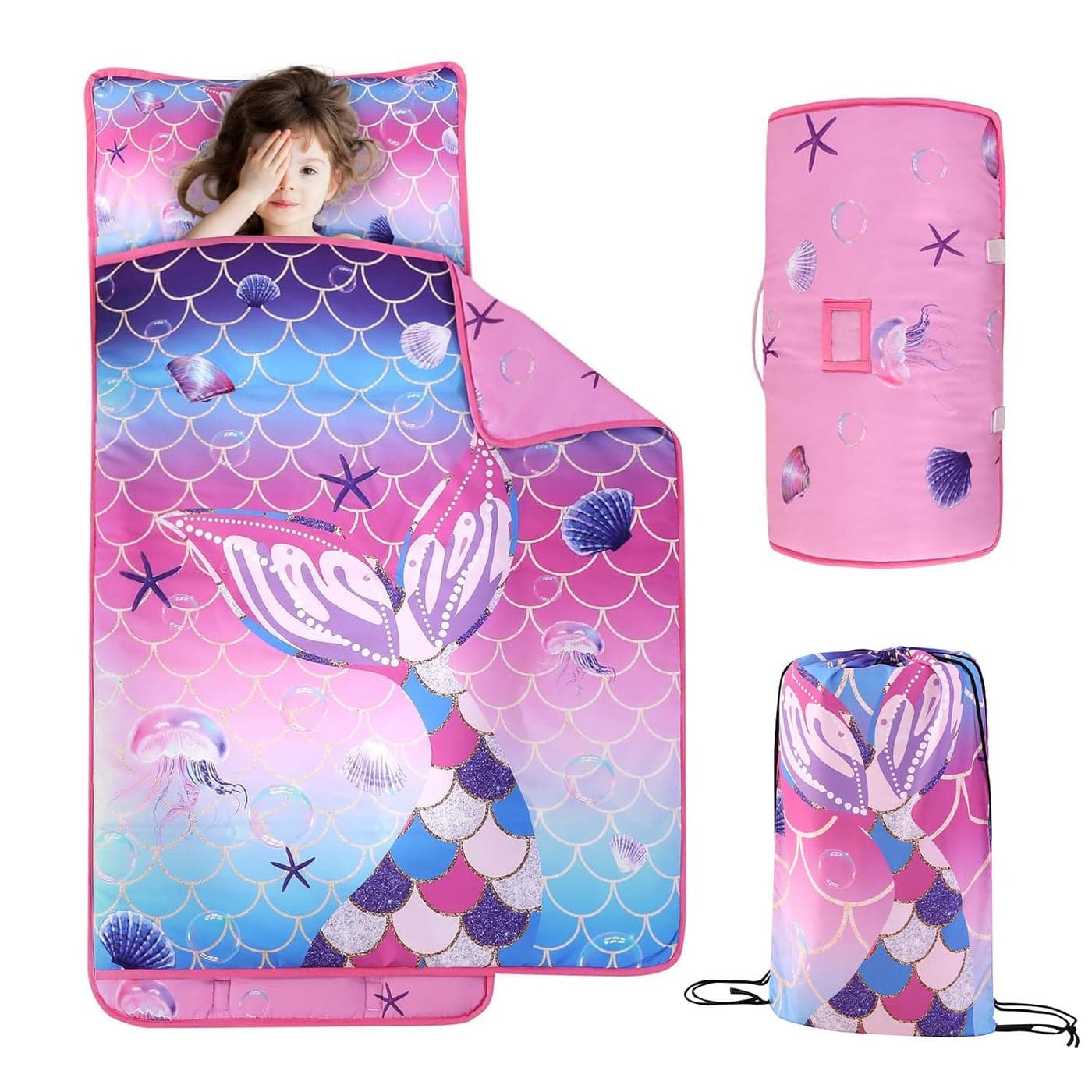 Wowelife Mermaid Toddler Nap Mat with Pillow Mermaid Sleeping Bag for Girls Preschool Nap Mats for Daycare Kindergarten Preschool Travel and Camping Pink Purple