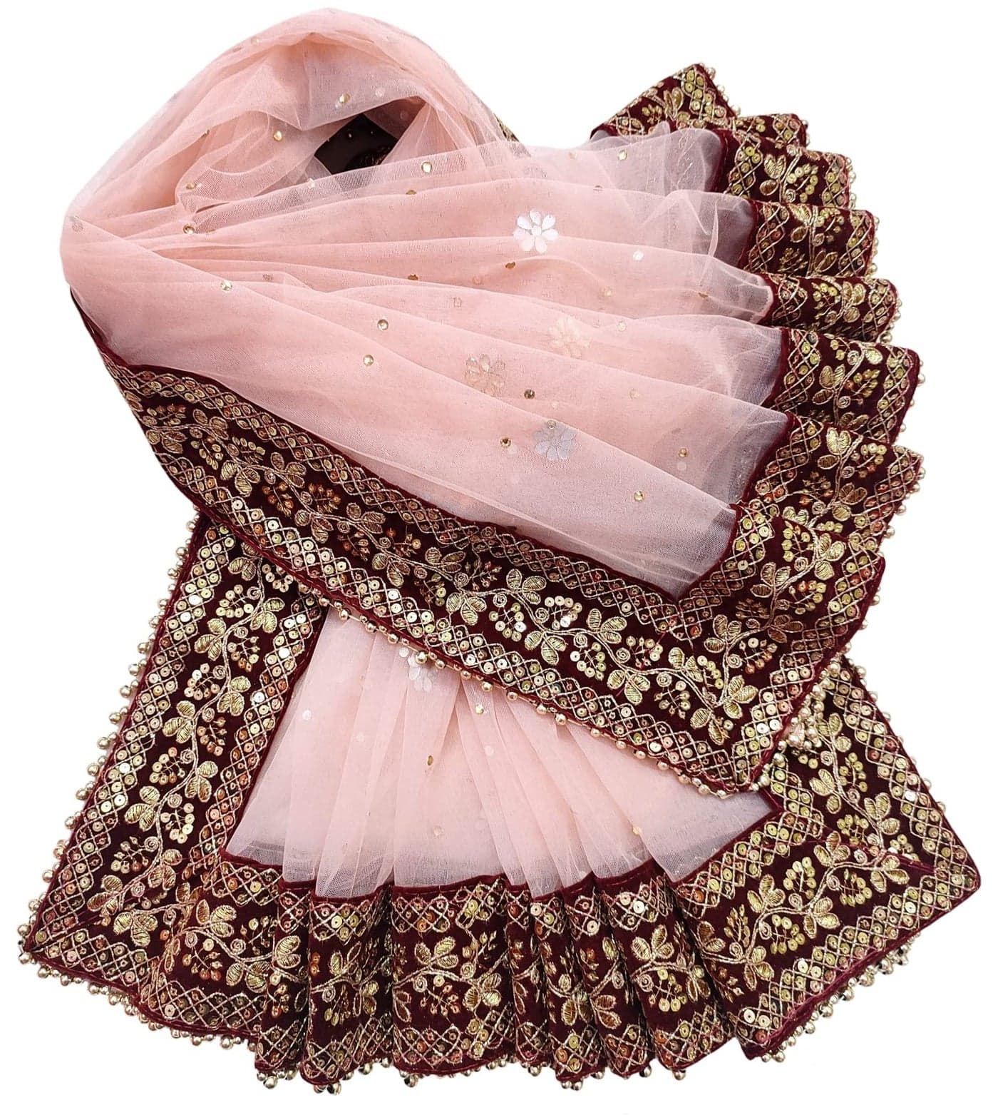 Navti Creations Women's Heavy Net Dupatta With Zari Embroidery Heavy Border (Stone work, 2.25m) (Peach- Maroon)