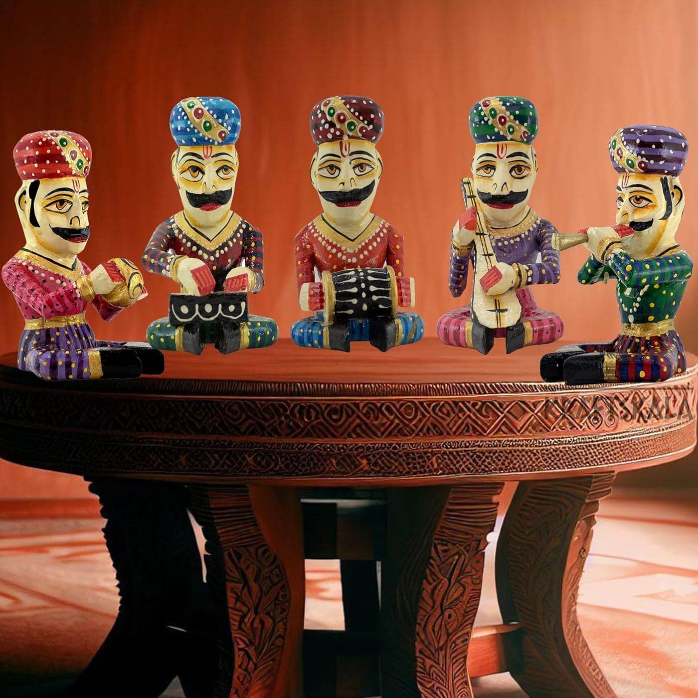 KRAFTSKALA Wooden Home Decor Large 6 inch Bawla Musicians Set of 5 Musicians Indian Music Tribute Showpiece for Living Room Office Decor