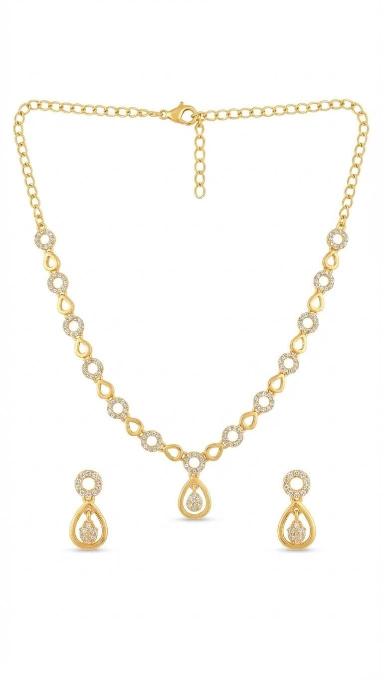 Brado Jewellery Gold Plated Brass Leaf Design American Diamond White Ad Necklace & Earrings Set for Women and Girls | Adjustable Neck Chain Trendy Contemporary Anti Tarnish Western Choker | Party, Wedding and Anniversary (White)