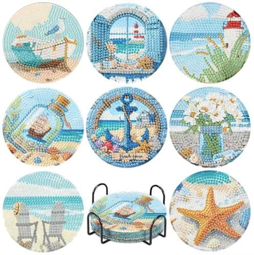 NEGEKFKX 8 Pcs Beach Diamond Art Painting Coasters Kits Sea Coaster with Holder for Adults NonSlip DIY Dot Paint Craft Kits5D Full Drill DIY Diamond Dot Gem Art Kit Home Decor Arts Craft