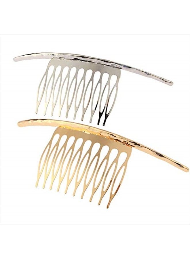 2Pcs French Twist 10 Teeths Comb Alloy Metal Bridal Wedding Hair Side Comb Headpiece Hair Jewellery Fashion Accessory for Women Girls, Gold and Silver