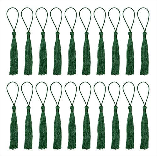 Tupalizy Mini Silky Handmade Soft Flossy Bookmark Tassels with Cord Loop for Keychain Earring Jewelry Making, Souvenir, Graduation, Clothing Sewing, Gift Tag DIY Craft Projects, 20PCS (Dark Green)