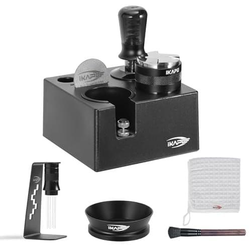 IKAPE 53MM Black Espresso Tool Set 8 IN 1 Coffee Tamper Distributor Magnetic Funnel Puck Screen Tamper Station Stirrer Distribution Tool Cleaning Towel and Brush