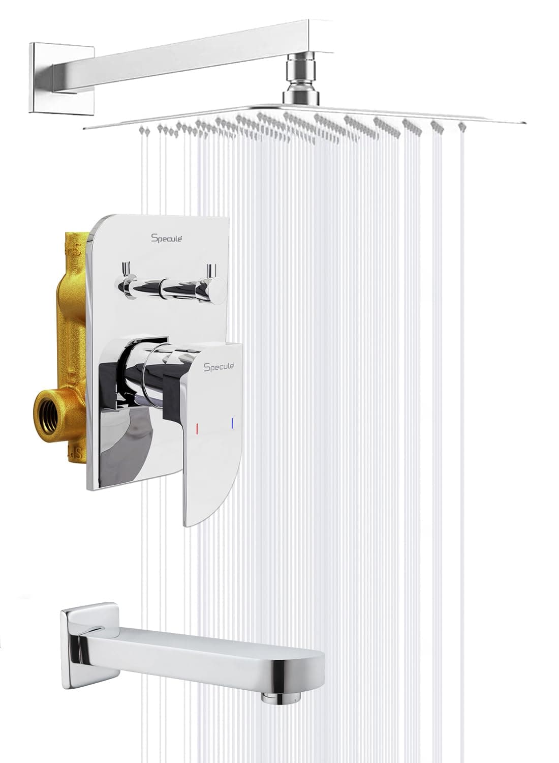 Specule Alive, Brass Concealed Body High Flow Diverter | Full Set for Bathroom | With 6x6 Inch Wall Mount Overhead Shower & Bath Tub Spout | Chrome Finish Bathroom Shower Set | Mixer Tap Included