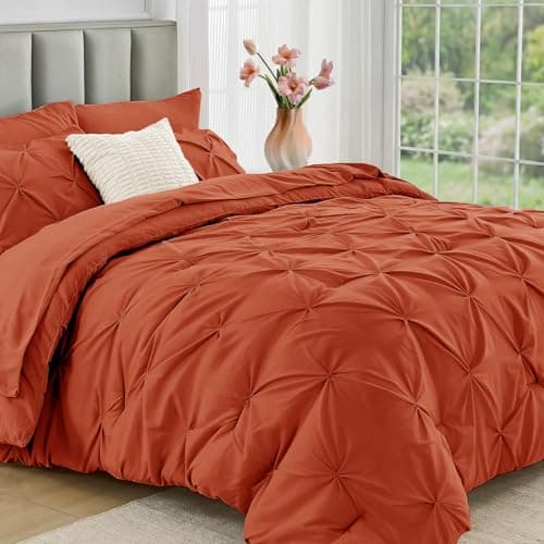 JOLLYVOGUE Queen Comforter Set 7 Pieces - Bed in a Bag Queen for All Season, Pintuck Bedding Comforter Sets with Comforter, Flat Sheet, Fitted Sheet and Pillowcases & Shams, Burnt Orange