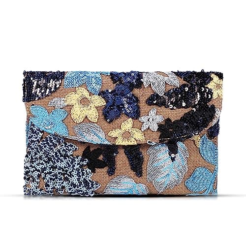 QTKJ Envelope Package, Clutch Purses for Women, Sequin Embroidered Flowers Straw Bag, Bohemian Handmade Handbags, Beach Bag for Vacation, Travel, Banquet(Black Flower)