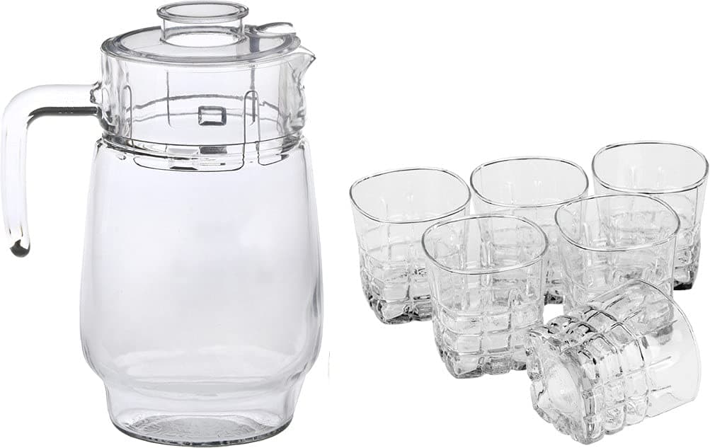 Afast Designer Jug Set of 1 with Stylish Glasses for Serving Water Juice Cold Drinks and Other Drinking Bavrage Glass 180 Ml Jug 1800 Ml Color Transparent Clear