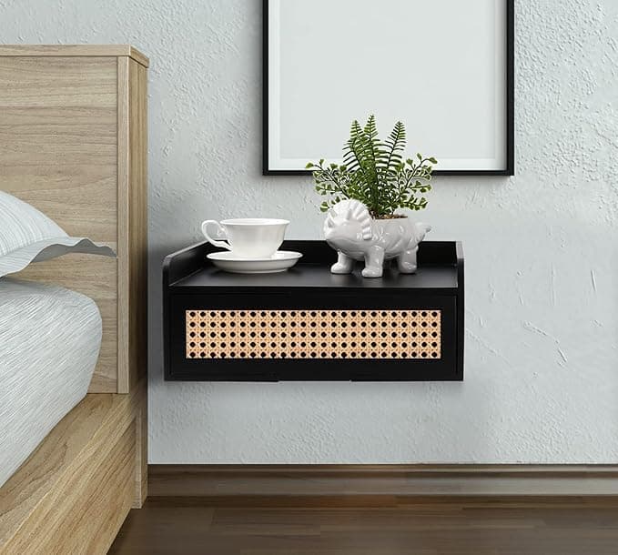 Streema art Floating Nightstand, Small Rattan Nightstand with Storage Drawer, Wall Mounted Wood Nightstands, Rustic Side Table Mid Century Night Stands for Bedroom Living Room Office
